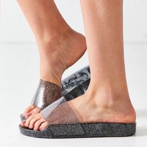Urban Outfitters | Women’s Black Glitter Slip On Jelly Pool Slide Sandals Size 7